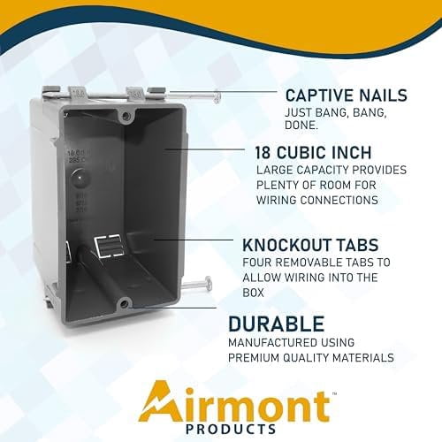 16 Pack Plastic Electrical Box, Grey Outlet Box, Single Gang New Work Junction Box, Captive Nails, 18 cu. Inches, Length 3.75'', Width 2.25'', Depth 2.875'', 2 Hour Fire Rated Electrical Outlet Box