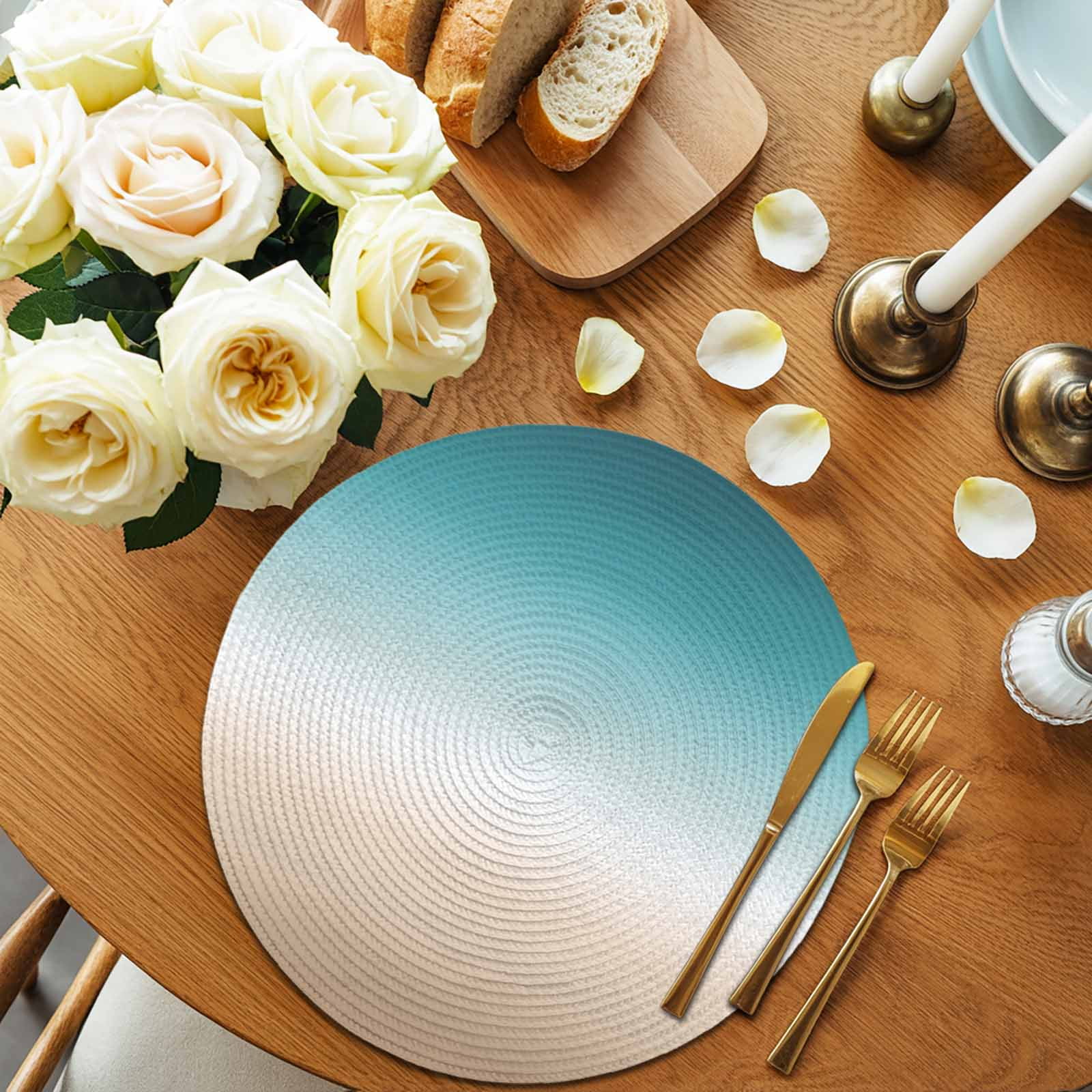 Teal Beige Ombre Cream Round 13 Inch Placemats Set of 6, Modern Turquoise Abstract Art Aesthetics HeatResistant Non Slip Place Mats for Dining Table, Wipeable Kitchen Table Mats for Housewarming