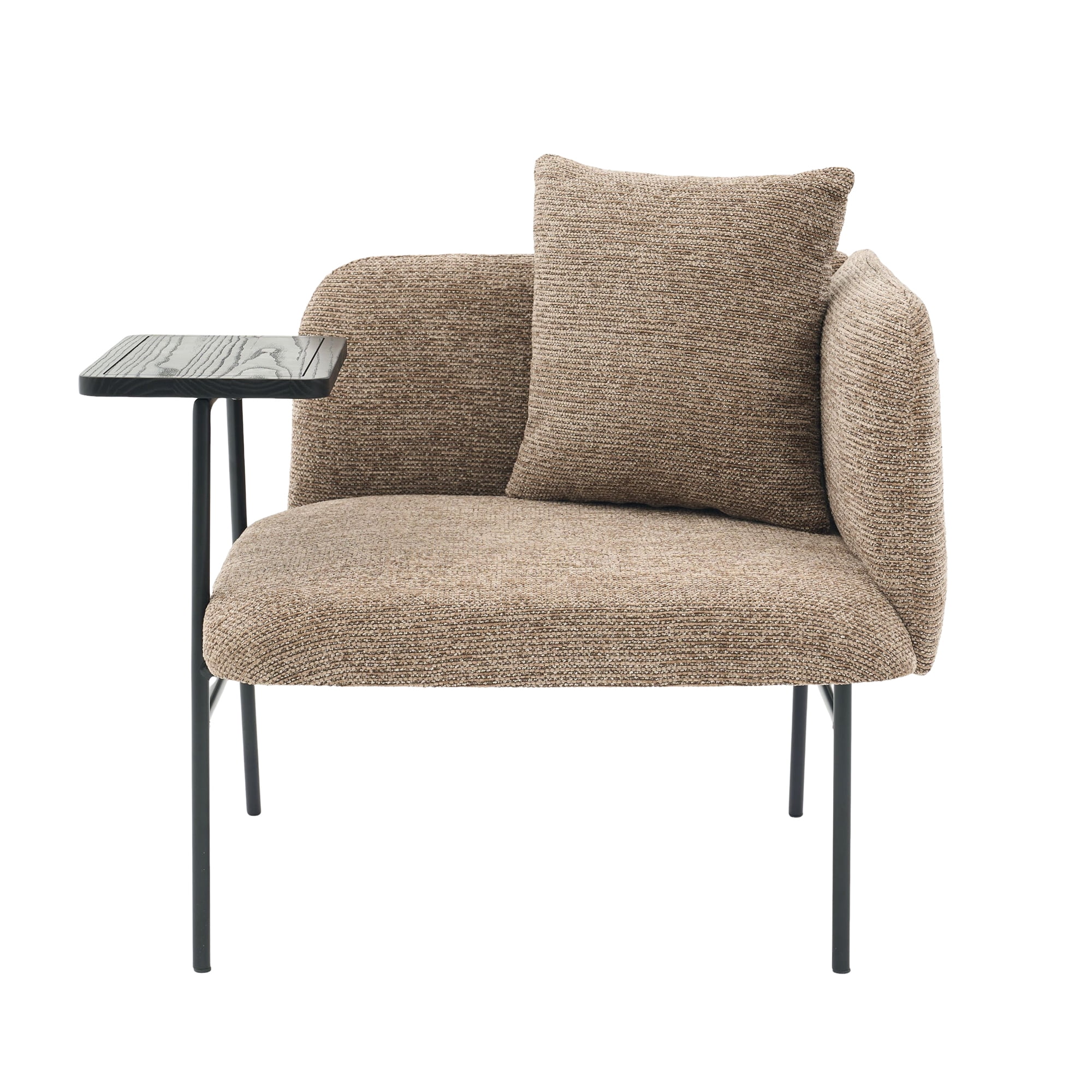 Lounge Accent Chair with Small Table and Pillow, Modern Upholstered Single Sofa Armchair with Side Pockets and Metal Legs, Reading Seating for Bedroom Home Office, Khaki