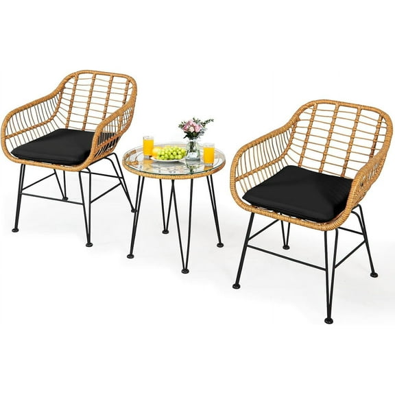 DORTALA 3 Pieces Patio Conversation Set, Rattan Leisure Chairs & Round Glass Tea Table Set, Indoor Outdoor Wicker Bistro Furniture Set with Cushions for Balcony, Poolside (Black)