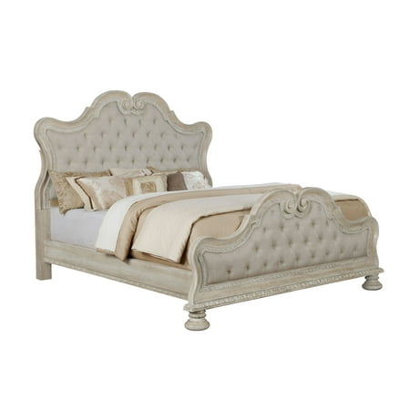 Stella - California King Panel Bed, Beige Rustic Finish, HB & FB Upholstored w/Beige Linen