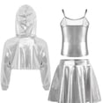 thumbnail image 2 of inlzdz Kids Girls Jazz Latin Hip Hop Dance Outfit Long Sleeve Metallic Shiny Hoodie Crop Top Vest with Skirt Set Silver 12, 2 of 5