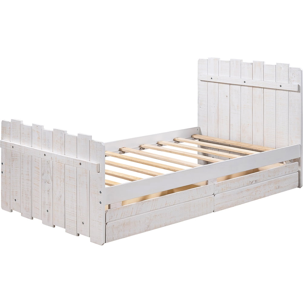 Lowestbest Vintage Wood Twin Platform Bed Frame with Headboard and Footboard, White Lowestbest Vintage Wood Twin Platform Bed Frame with Headboard and Footboard, White