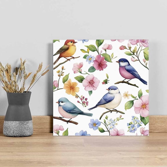 Spring Floral Birds Wall Art Painting on Canvas, Watercolor Birds Chic Flowers Canvas Art Home Prints Wall Art Framed Modern Artwork for Living Room Bedroom Wall Decor 12x12in
