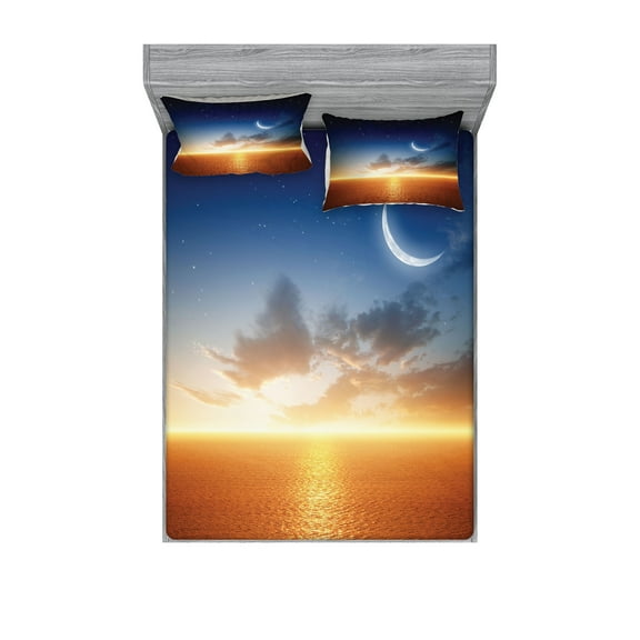 Ambesonne Scenery Fitted Sheet & Pillow Sham Set, Sunset Sky Moon Stars, Queen, Navy Yellow Orange