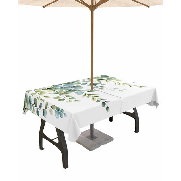 Outdoor Tablecloth with Umbrella Hole for Patio/Picnic/Party/Camping, Eucalyptus Green Waterproof Table Cloth Rectangle Table Cover Washable, Gradient Leaves Retro Watercolor Plant 60"x 84"