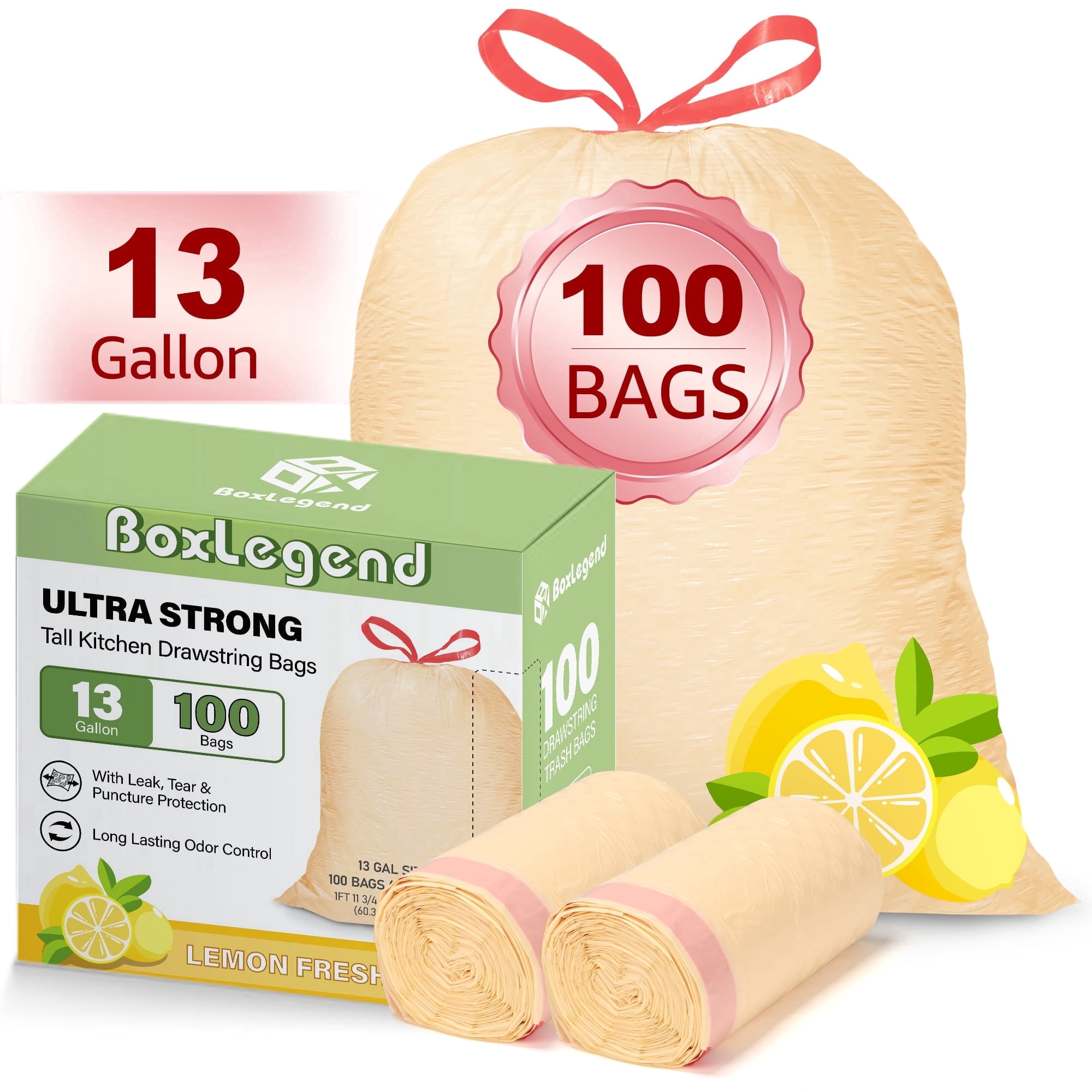 BoxLegend 13 Gallon Trash Bags, Lemon Scent (100 Count), Tall Kitchen Drawstring Garbage Bags 10-13 Gallon, Light Yellow