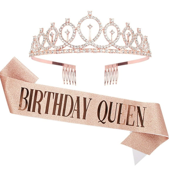 lvdiandian Birthday Crown and Sash for Women - Rose Gold Rhinestone Tiara Set and Sash for Decorations color1