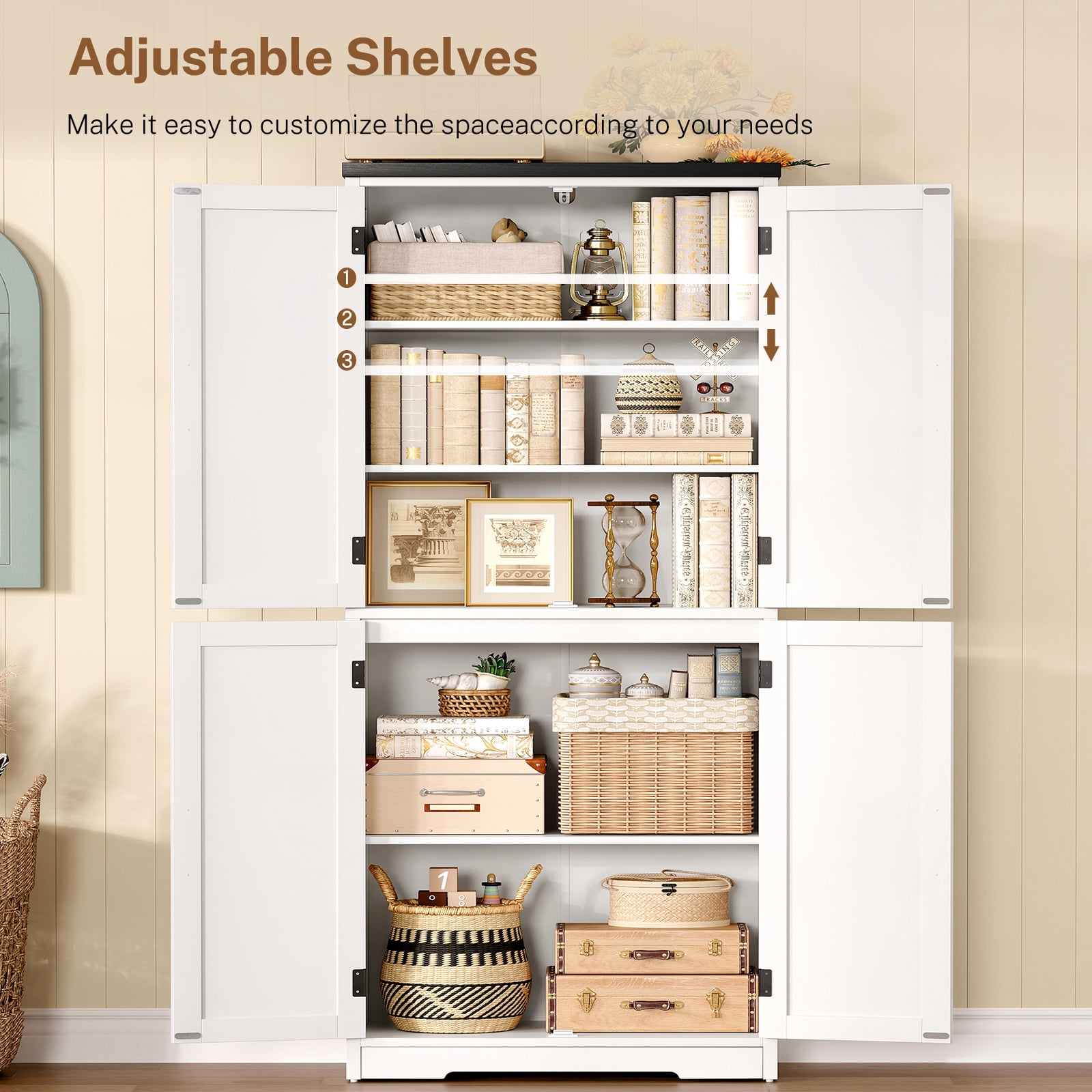 58.27” Kitchen Pantry Cabinets With 4 Doors, Storage Cabinets, Cupboard, Tall Bathroom Cabinets For Dinning Room, Living Room, White