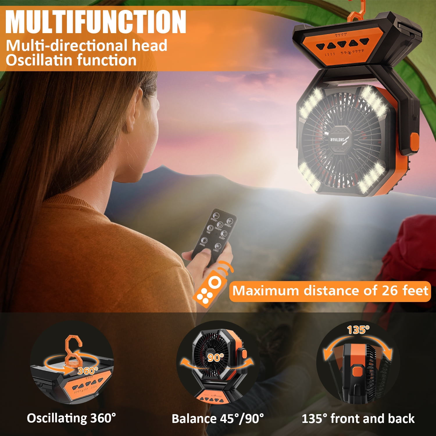 SHETINAR 20000mAh Camping Fan Battery Powered Fan 4-Speed Tabletop Fan with Charging, Hooks, Timer, Portable Fan for Office,Bedroom,Outdoor,Power Outage,Hurricane,Travel.Orange