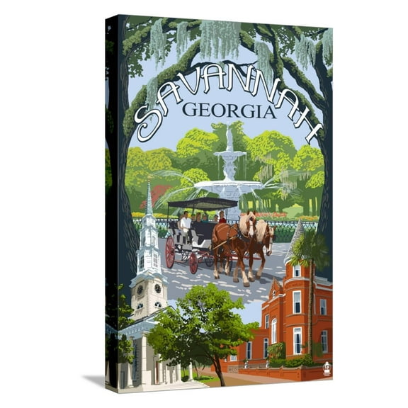 Art.com Savannah, Georgia Town Views Stretched Canvas Print Wall Art by Lantern Press, 12" x 18"