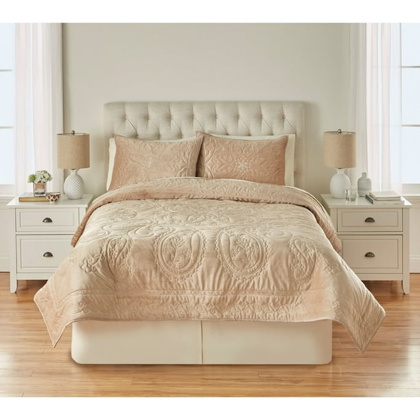 Brylanehome Embroidered Velvet Quilt Set - King, Beige - Walmart.com