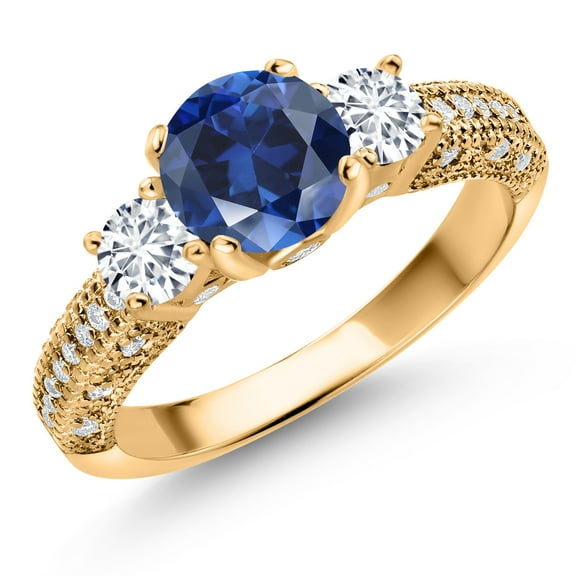 Gem Stone King 18K Yellow Gold Plated Silver Blue Created Sapphire White Lab Grown Diamond and White Moissanite Engagement Ring for Women (2.22 Ct, Gemstone September Birthstone, Round 7MM, Size 8)