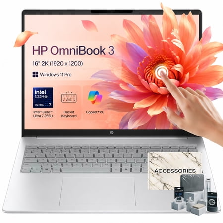 HP OmniBook 3 16 Laptop PC 16 2K Touchscreen (1920x1200) Intel Core Ultra 7 255U 32GB DDR5 1TB SSD Full-Size Backlit Keyboard Numeric Keypad Windows 11 Pro