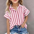 thumbnail image 2 of Gaexia Girls Striped Casual Shirt Short Sleeve Lapel Open Front Knit Top Loose Fit Fashion Blouse For Summer (Red,5-6 Years), 2 of 5