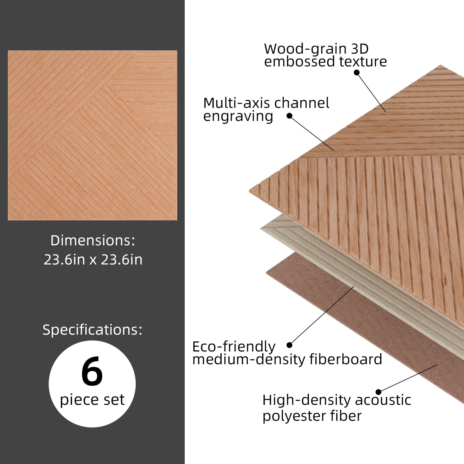 6 Pack Large Acoustic Panels, 23.6*23.6 Inch Decorative Sound Absorbing Panels, Noise-Reducing and Flame-retardant for Studio, Home (Triangle Log Light )