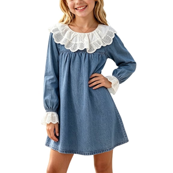 SDNall Girls Puff Sleeve Denim Shirt Dress, Collared Front Button Placket Belted Waist Soft Stretchy Casual Sundress, Campus Playdate Family Trips Daily Summer Dresses for Girls 1-14 Years