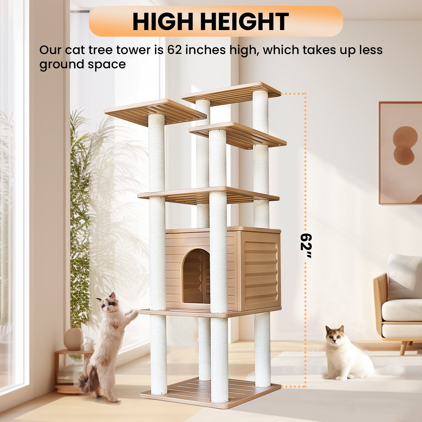 MAOHEGOU 62” Tall Cat Tree for Outdoor and Indoor Cats, Weatherproof Large Outdoor Cat Condo with Scratching Posts