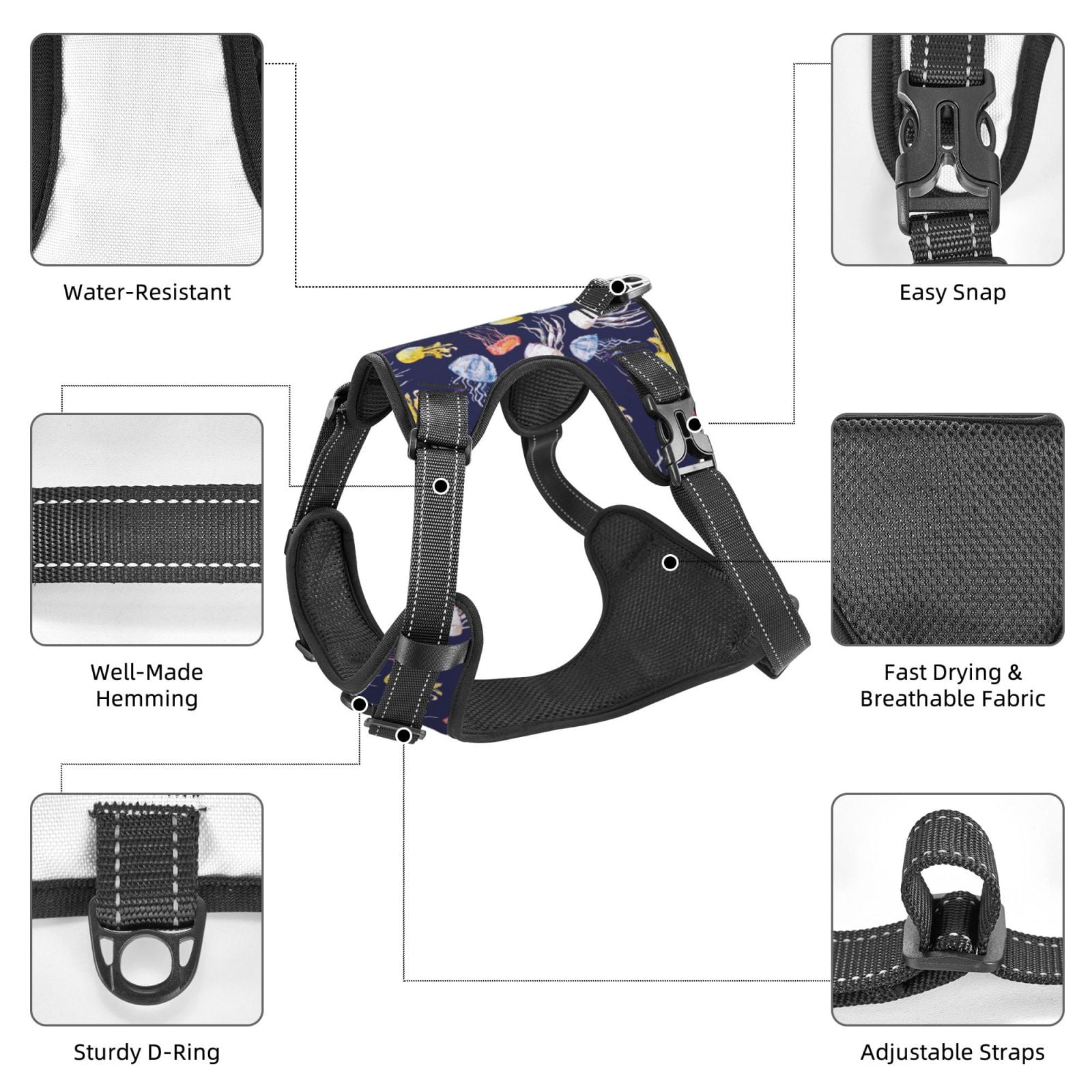 Kdxio Colorful Jellyfish Print No Pull Dog Harness Adjustable Reflective Oxford Easy Control Medium Large Dog Harness for Training and Everyday-Small