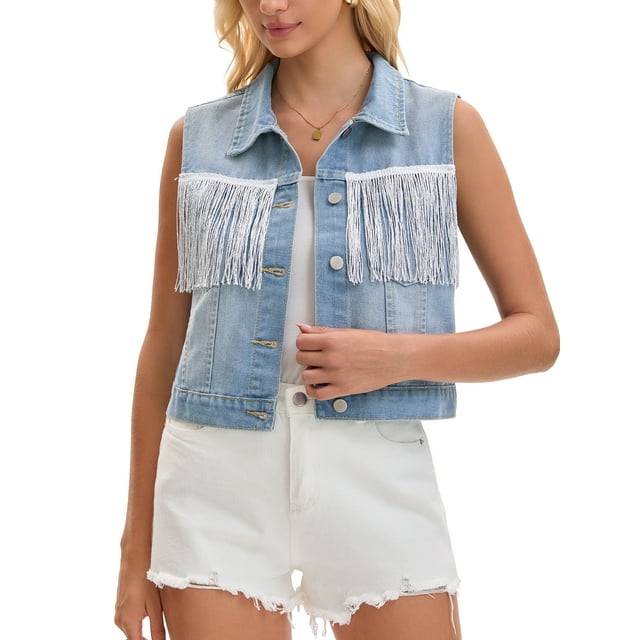 INSPIRE CHIC Women's Denim Vest Tassel Trim Button Down Sleeveless Fringe Jacket with Pockets Jean Vests S Light Blue