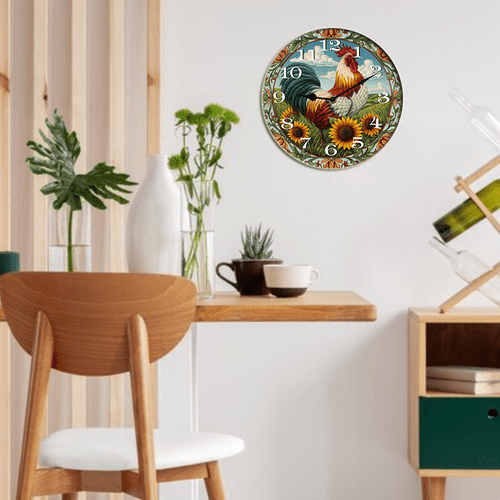 Kurmntregon Cute Rooster Wall Clock Chicken Kitchen Wooden Clock For Living Room, Battery Operated Easy To Read Bedroom, Bathroom And Kitchen Housewarming Seasonal Round 10"