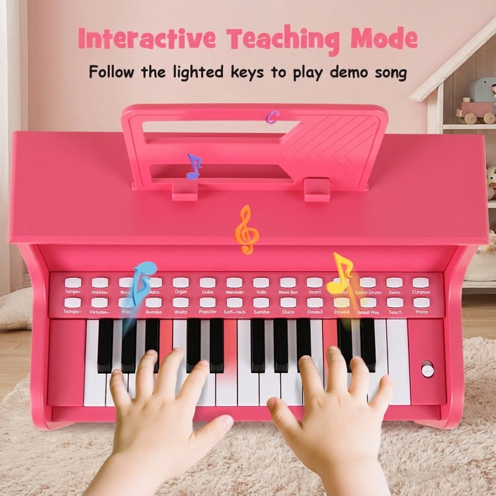 Redsmile 25-Key Kids Mini Digital Piano with Stool, Music Stand and Wooden Cabinet for Toddlers, Pink