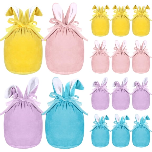 Minzimin16 Pcs Easter Bunny Gift Bags 4.7 x 3.7 Inch Mini Easter Basket Velvet Rabbit Ear Goodie Party Favors Drawstring Bags Bunny Candy Treat Pouches for Egg Hunt Basket Party Decor Supplies
