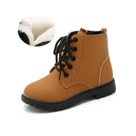 

UKAP Girls Boys Short Bootie Lace Up Ankle Boots Side Zipper Combat Boot Winter Warm Booties School Plush Lined Casual Brown with Plush Lined 10C