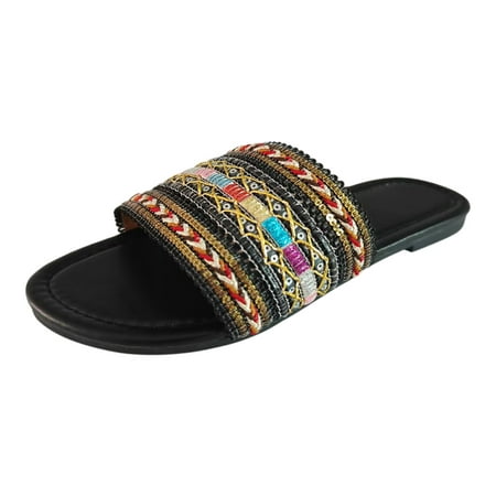 

SZXZYGS Womens Wedge Sandals Ladies Summer Flat Sandal Mop Ethnic Bohemian Casual One Word Large Size Slippers Sandals Female