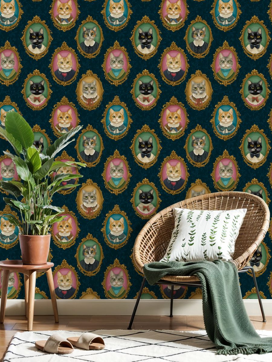 Vintage Peel and Stick Wallpaper Cat Portraits Ruffled Collars Ornate Frames Wall Mural 23.6in x 9.8ft Self Adhesive Removable Wall Paper Renter Friendly Wallpaper for Nursery Bedroom Cabinets