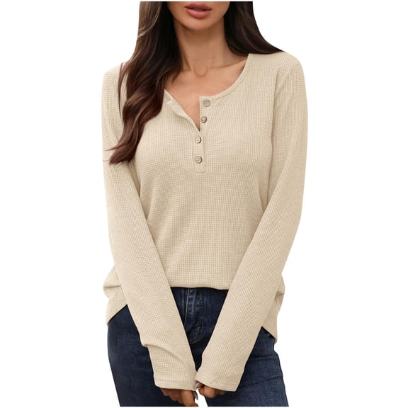 Women's Thermal Shirt Long Sleeve Quarter Button Crewneck Solid Pullover Top Beige S