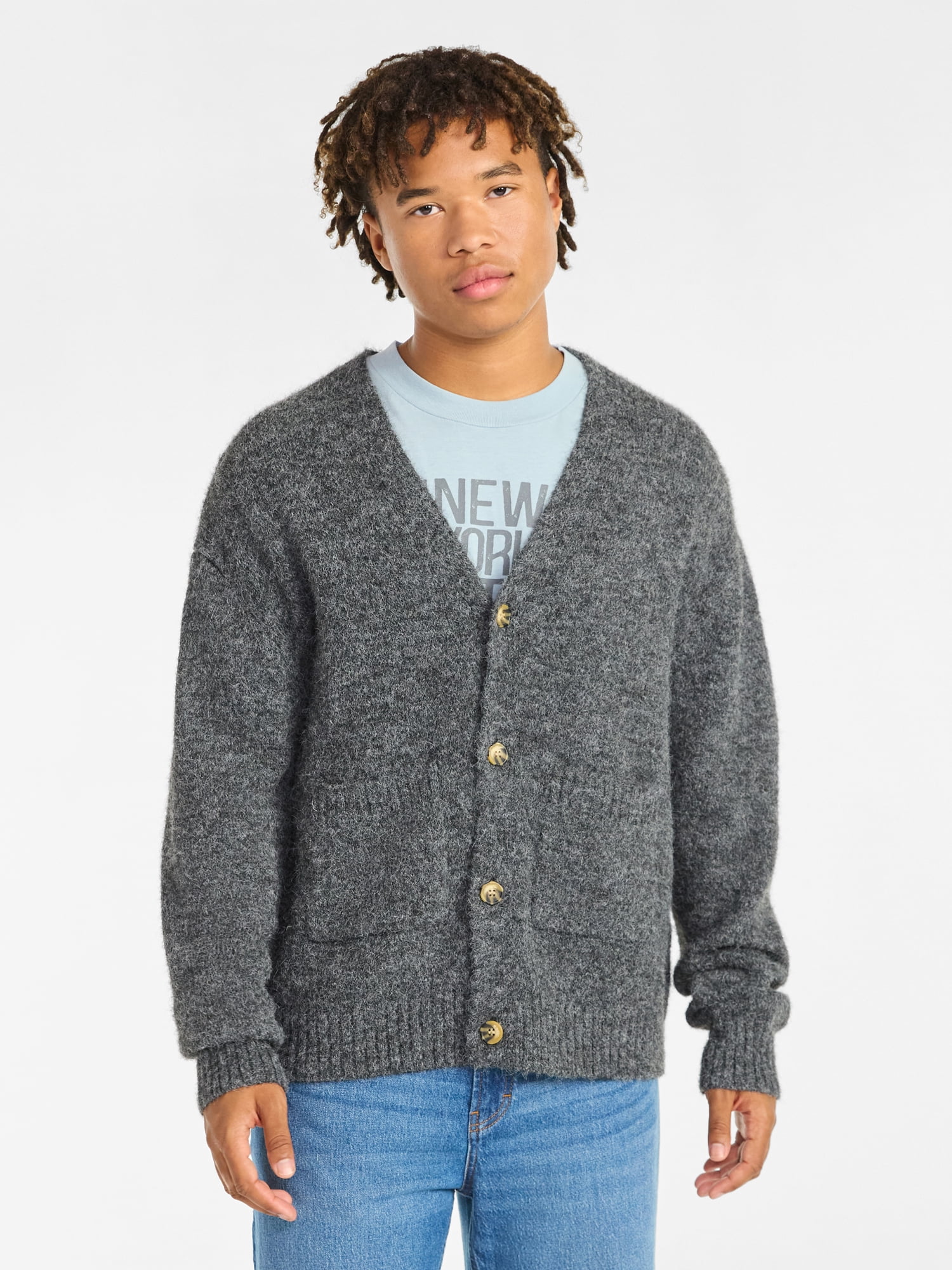 No Boundaries V-Neck Brushed Cardigan Sweater, Midweight, Men's & Big Men's