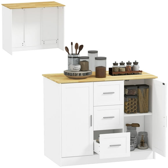 HOMCOM Kitchen Island with Sitting Space 2 Storage Cabinets 3 Drawers White