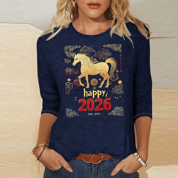 TaTaai Womens New Year Celebration 2026 Print Three Quarter Sleeve Top Round Neck Casual Blouse Holiday Festival Party Wear Gift