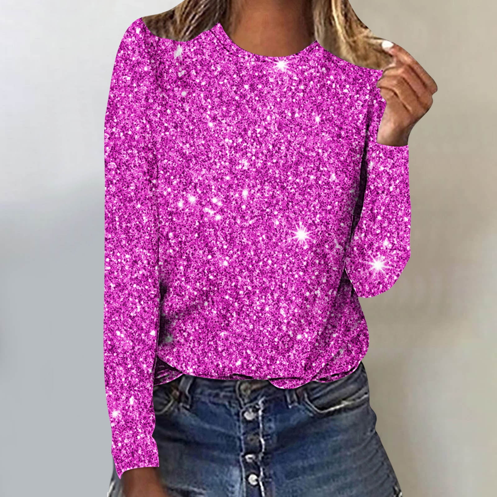 Tee Shirt Femme Col Rond Paillettes Manches Longues - Haut Transparent Motifs Unie