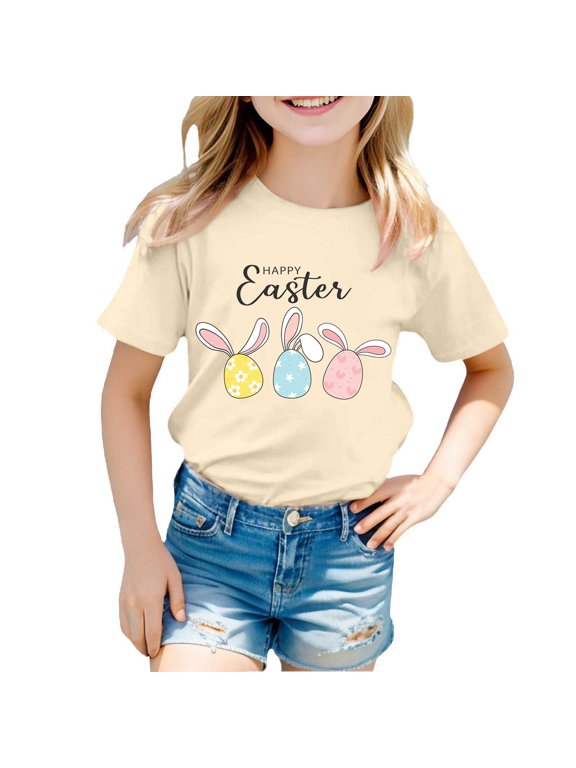 Girls Tennis Tops Tees Shirts Product Title Children's Fashion Easter Theme Printed T Shirt Casual Comfortable Top for Boys Girls Beige 12-13 Years