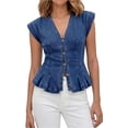 thumbnail image 2 of Holzkary Women's Denim Vest Tops Trendy 2026 Cap Sleeve Deep V Neck Button Down Y2K Fitted Pleated Sleeveless Jean Vest Tops for Women Classic Summer Crop Waistcoat Jacket Denim Tops Dark blue L, 2 of 9