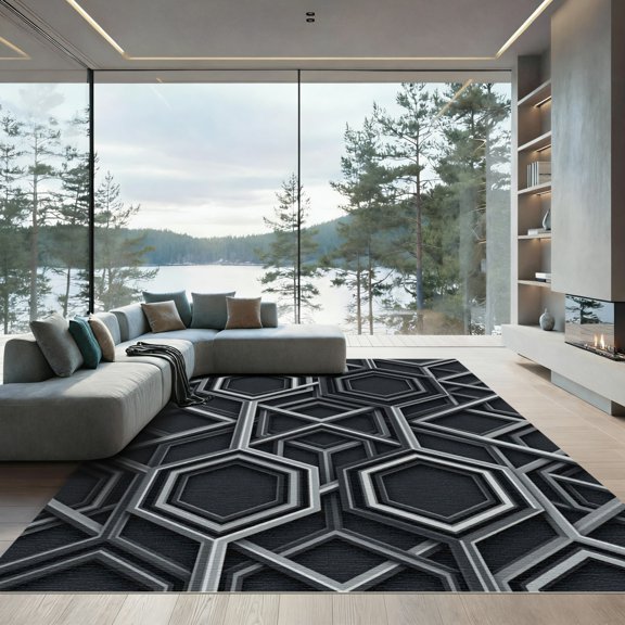 ODIKA 4' x 6' Machine Washable Non-Slip Area Rug, geometric geometric High Traffic Rug, Black, 1158227