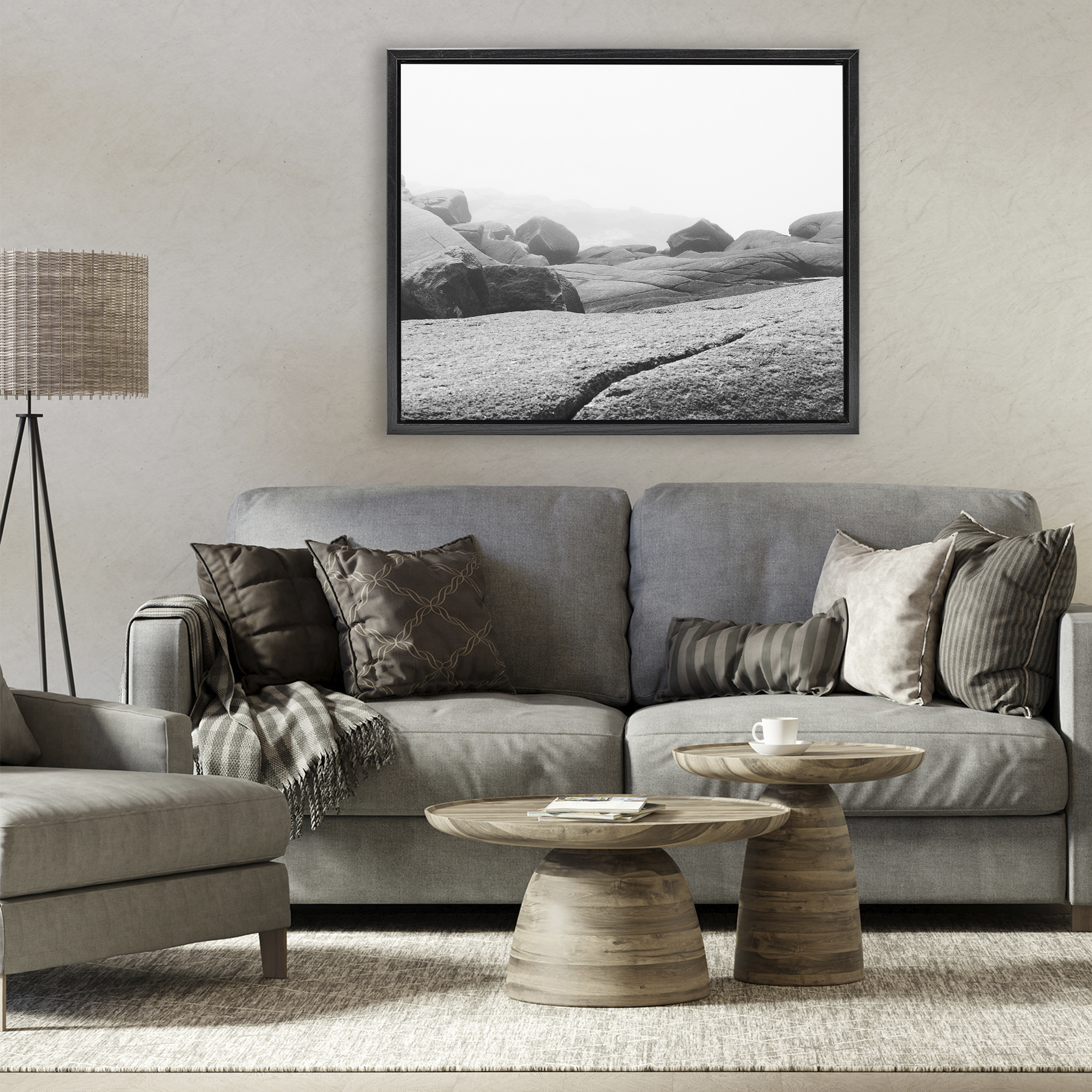 Rocks at Peggy's Cove Black Framed Floater Canvas Wall Art, design by Clive Branson