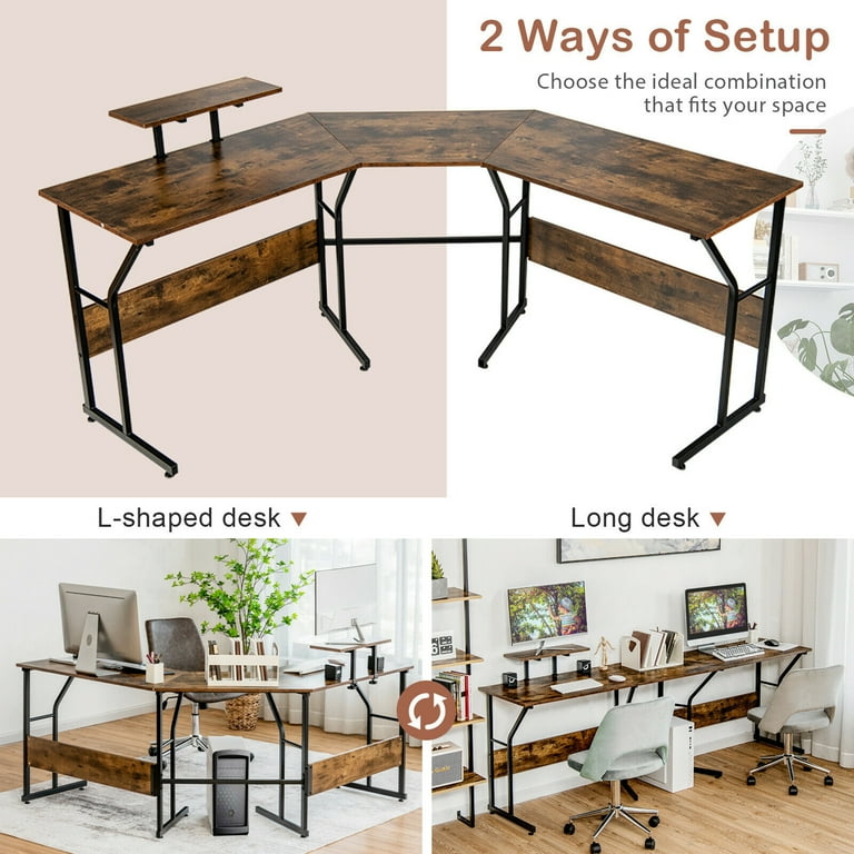 Gymax 88.5 L Shaped Reversible Computer Desk 2 Person Long Table