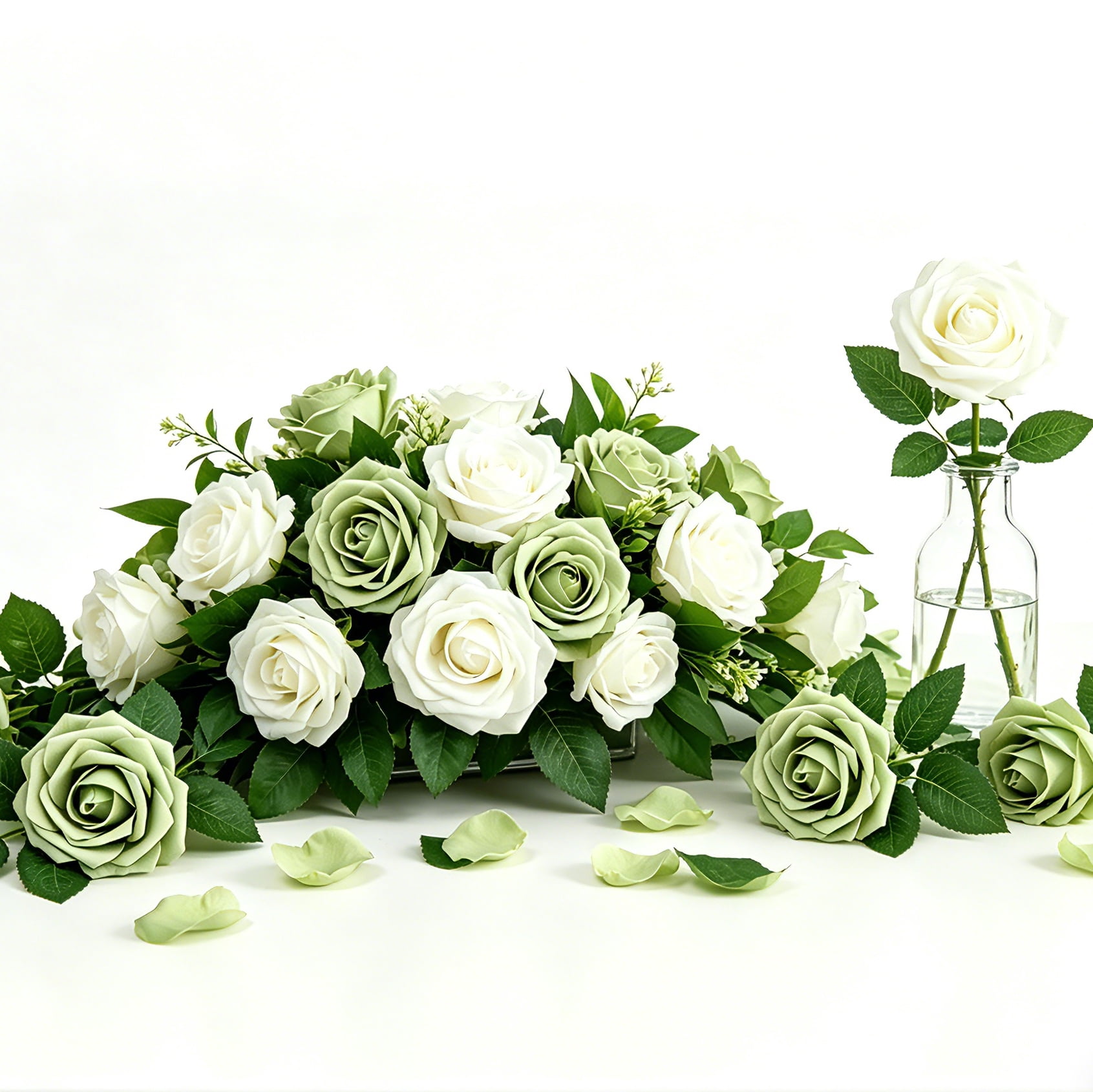 25Pcs Sage Green and White Artificial Foam Flowers with Stems, Fake Roses for DIY Wedding Bouquets, Centerpieces, Bridal Shower & Home Decor