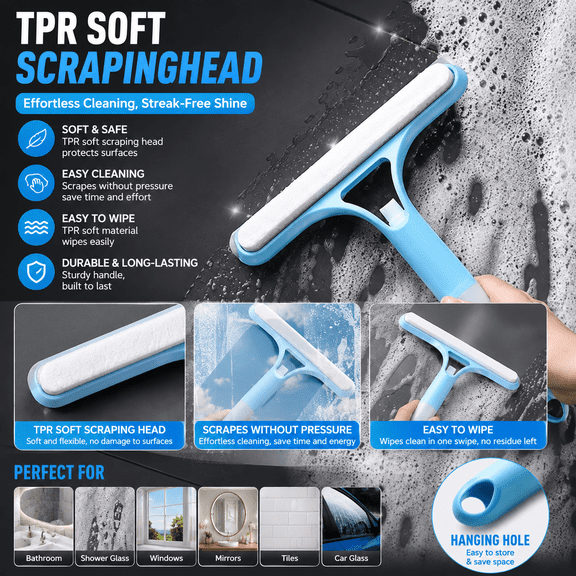 3-in-1 Streak-Free Window Glass Cleaner Tool, Multi-Functional Squeegee Wiper Scraper, All-in-One Cleaning Tool for Shower Door, Mirror, Window and Glass Surface