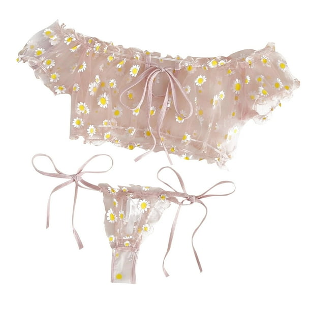 Gibobby Ropa Interior Sexy Bordado ropa de dormir mujer sujetador lencería sin tirantes encaje pijama conjunto Tanga Bowknot(Rosa, XL)