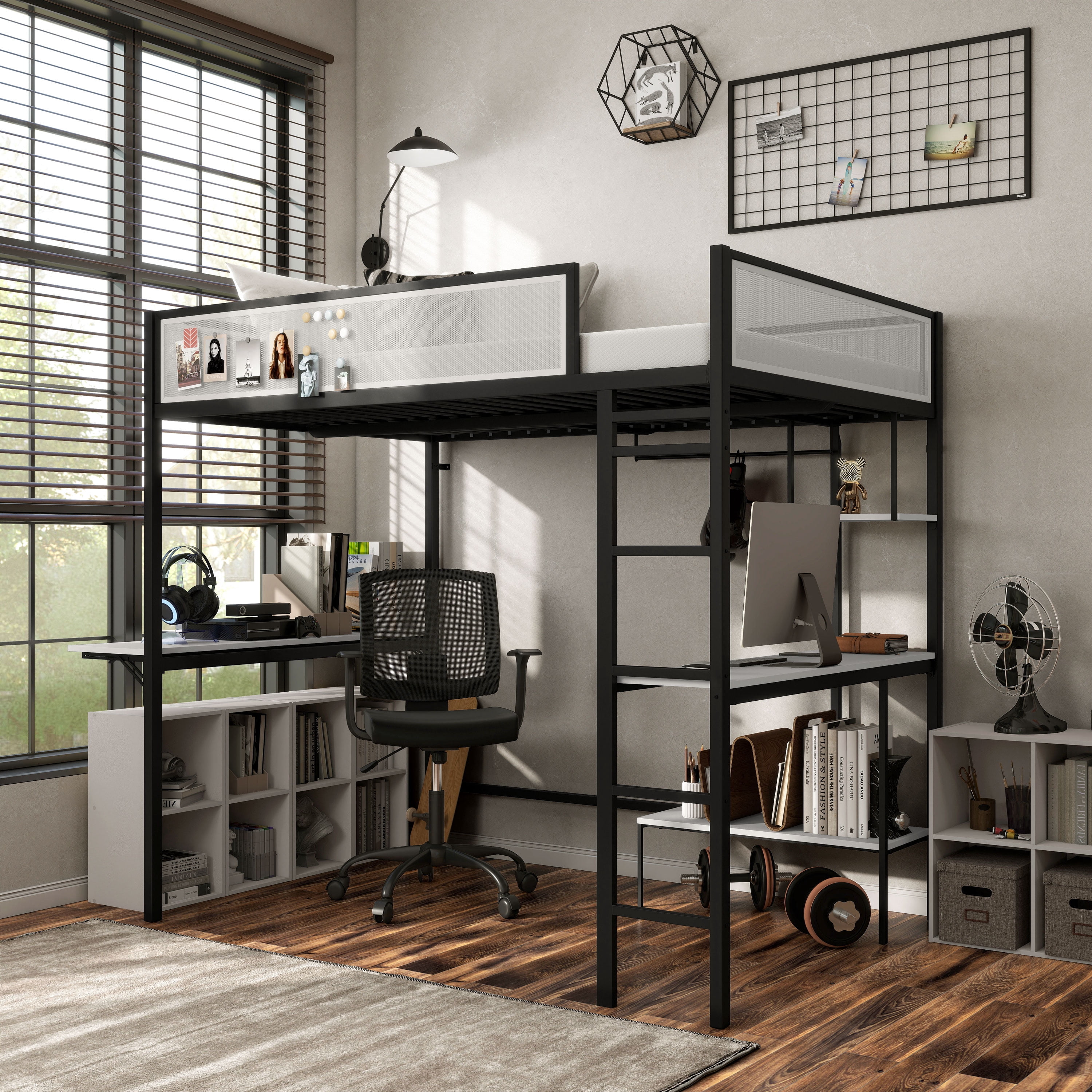 Furniture of America Veric Kids Black Full Loft Bed with Dual Desks, Two Shelves and Closet Rod