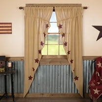VHC Brands Burlap Natural with Burgundy Stars Primitive 84"x36"x18" Prairie Panel Pair Tan Rod Pocket Stenciled Cotton Drawstring Ties Window Curtains