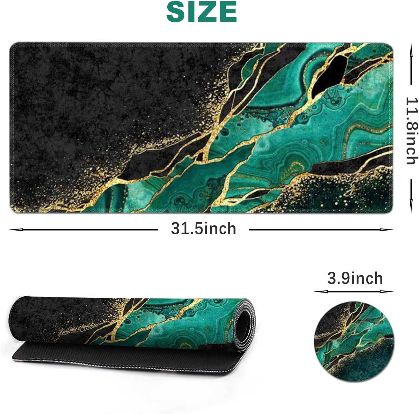 Large Gaming Mouse Pad Extended Desk Pad XL Keyboard Mat Long Mousepad Decor Writing Pad 31.5x11.8inch Non Slip Rubber Base with Stitched Edges for Work, Game -Emerald Marble