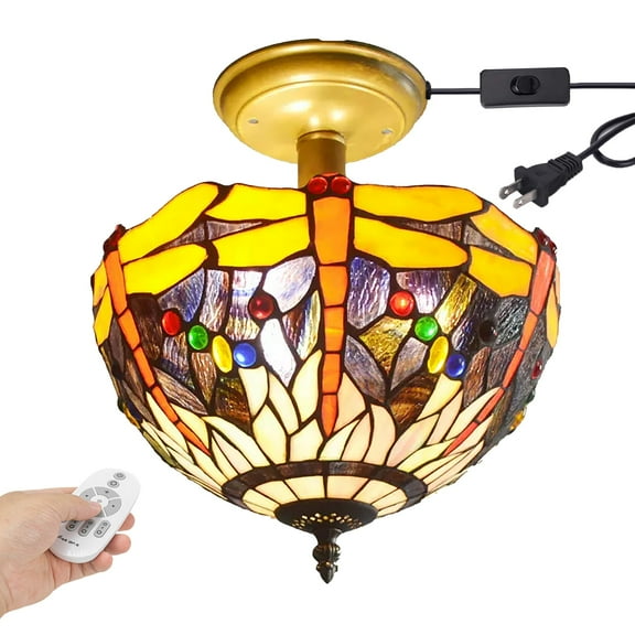 Kiven 11.8in Plug-in Flush Mount Ceiling Light Fixture, 2-Light Anti Glare Close to Ceiling Light with 15FT Cord, Tiffany-Style Glass Chandelier Dimmable for Bedroom Kitchen Hallway(No.3182)