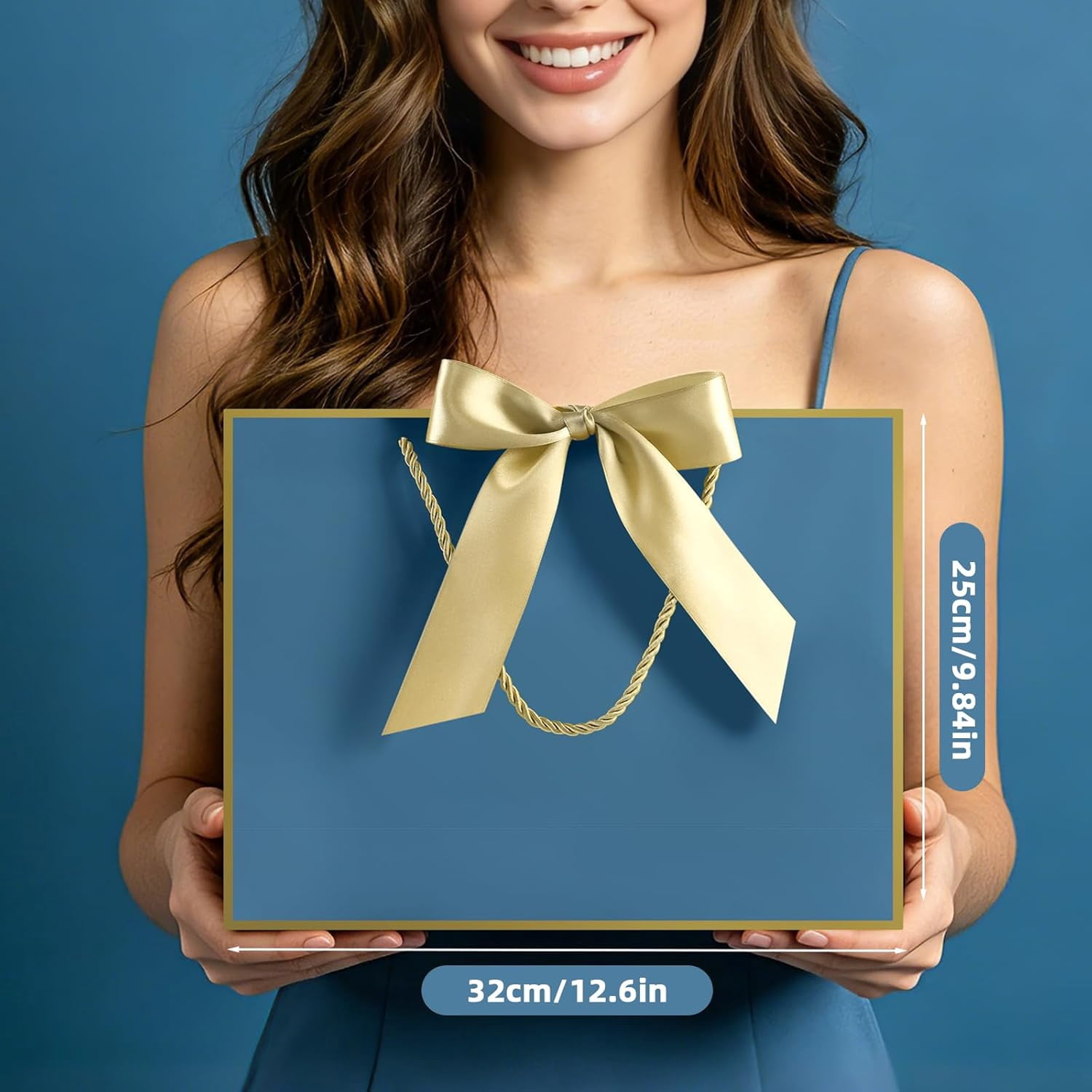 Handle gift bag, 13-inch medium gift bag, for gifts, 1 piece with 2 pieces of tissue paper and 1 greeting card, suitable for baby party, wedding, bride party, Mother's Day, birthday party (gold blue)