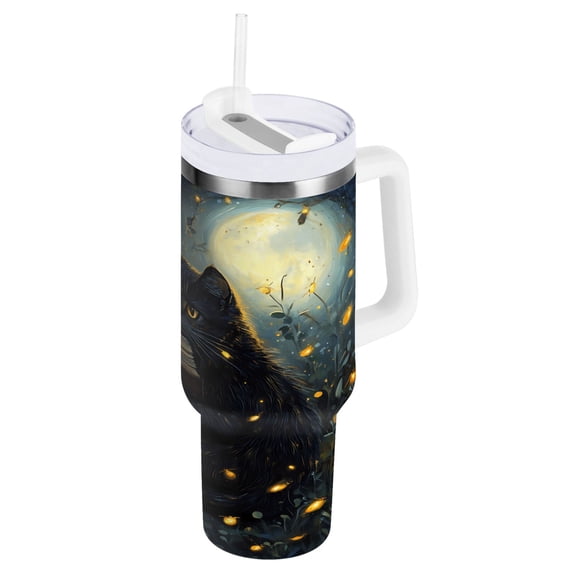 Cat Reads Book on Night Tumbler with Handle and Straw Lid 40 oz Insulated Vacuum Water Bottle Stainless Steel Travel Cup