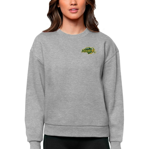 Women's Antigua Heather Gray NDSU Bison Logo Victory Crewneck Pullover Sweatshirt